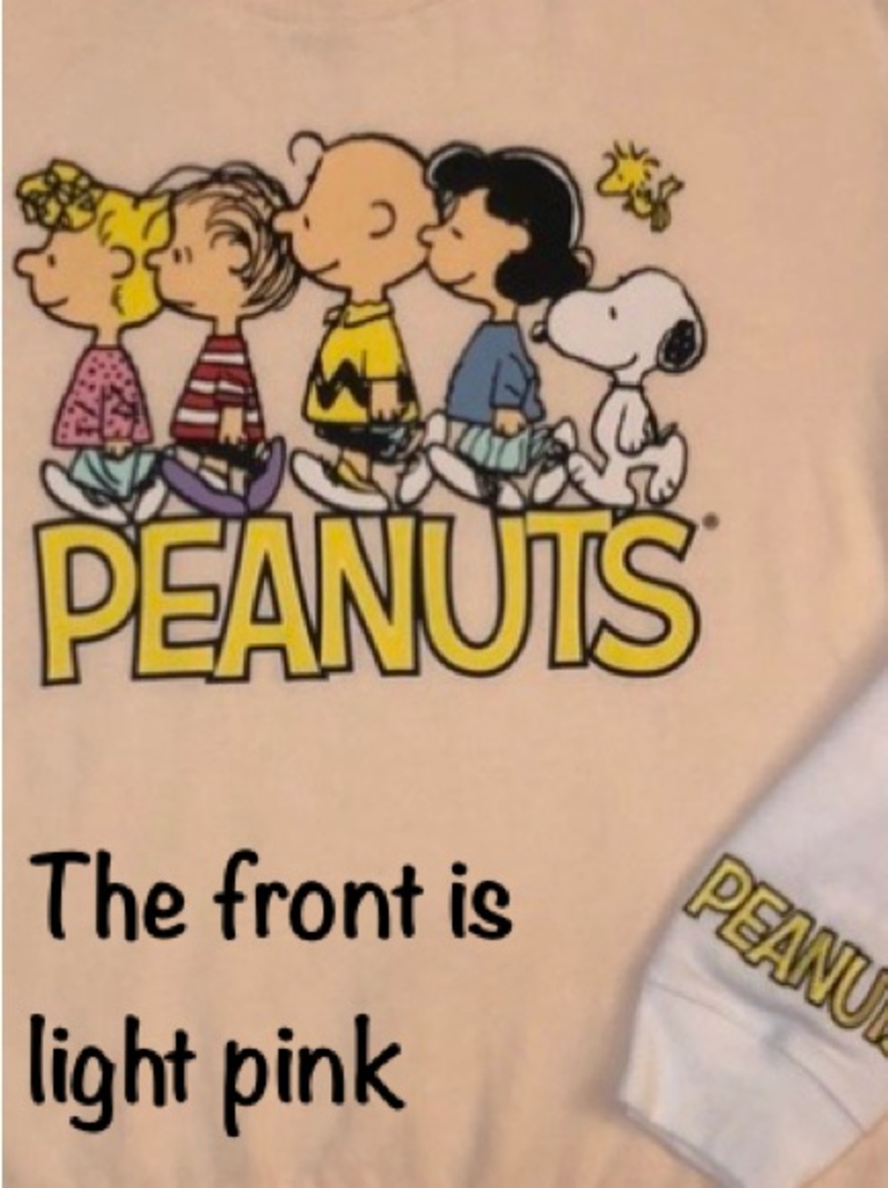 Peanuts Embroidered Sleeves💕 Pink/White/Grey Crewneck Sweatshirt. EUC